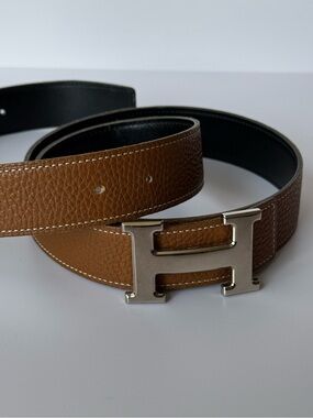 Authentic Hermes Reversible Brown and Black Leather Belt with Silver H Buckle